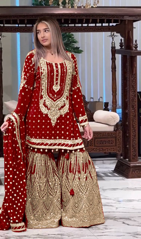 Red Embroidered Faux Georgette Plazzo Set with Sequins Work & Lace Dupatta ClothsVilla Main image
