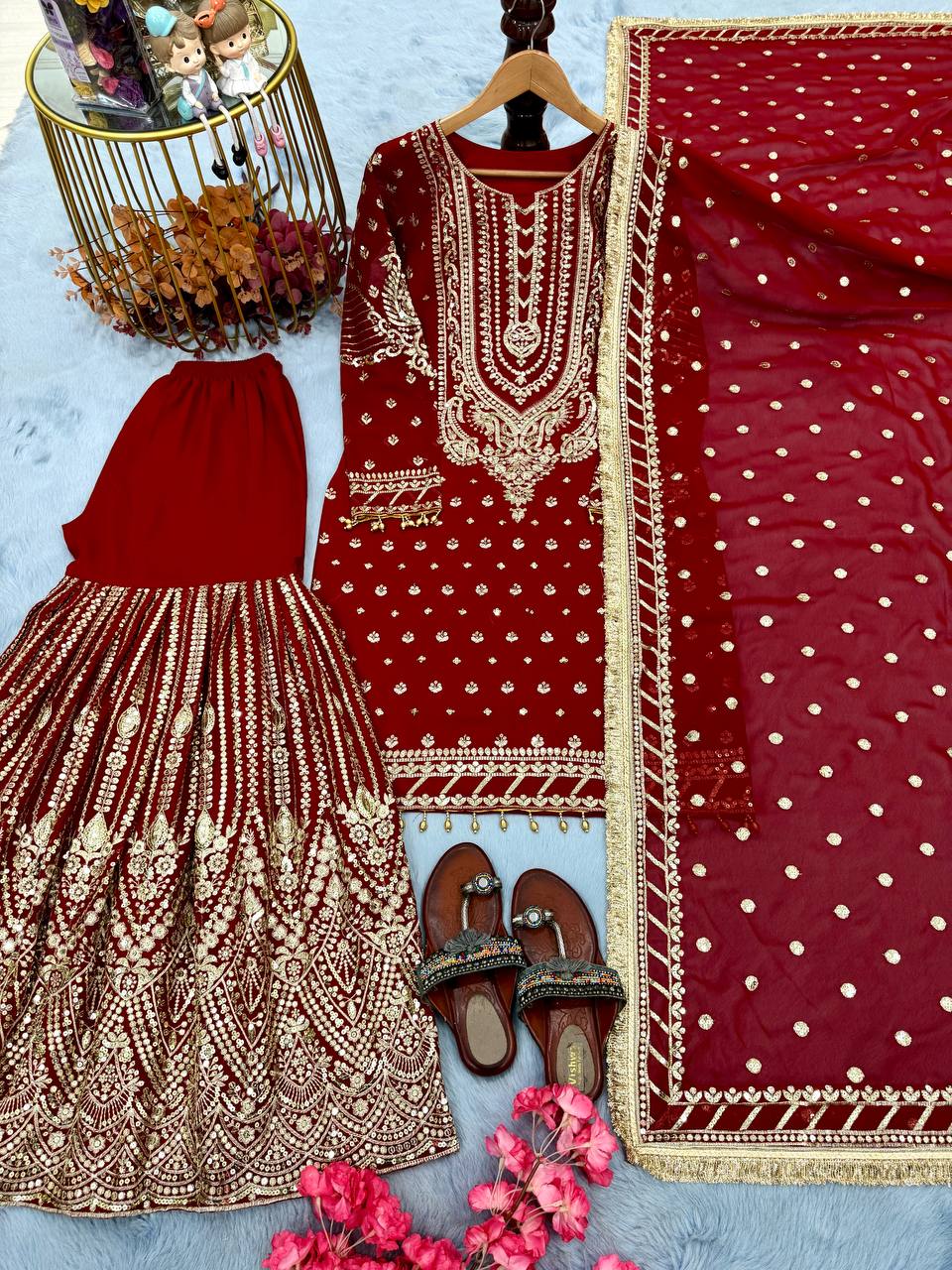 Red Embroidered Faux Georgette Plazzo Set with Sequins Work & Lace Dupatta Secondary image