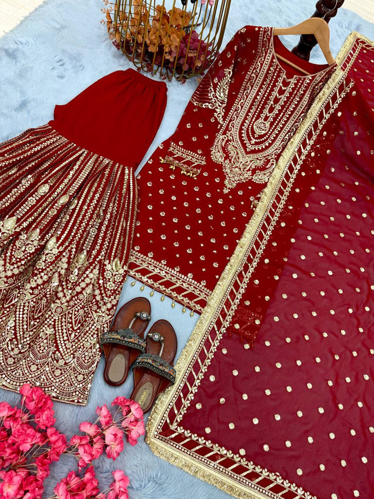 Red Embroidered Faux Georgette Plazzo Set with Sequins Work & Lace Dupatta ClothsVilla