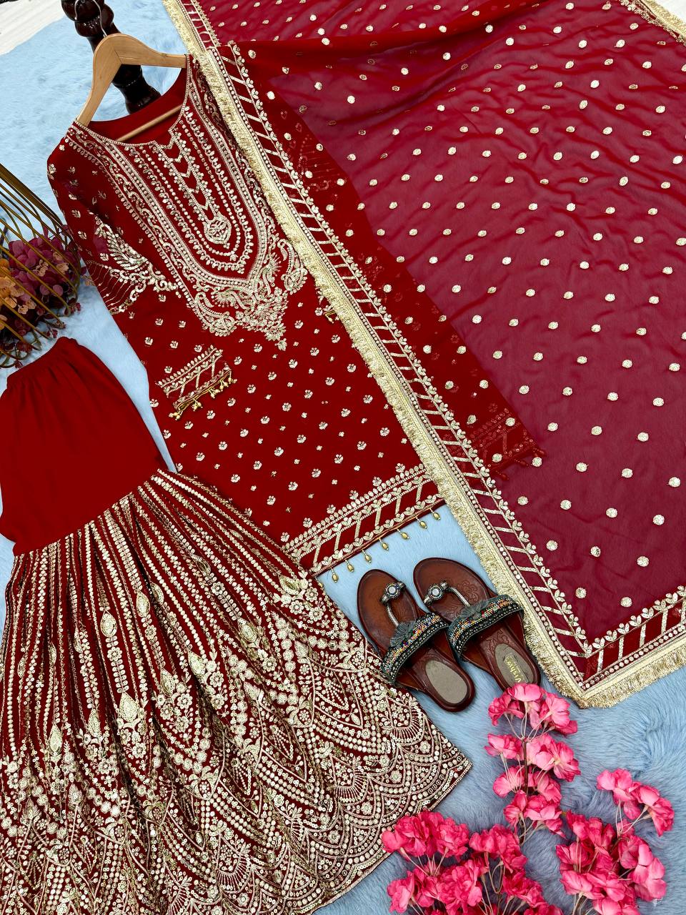 Red Embroidered Faux Georgette Plazzo Set with Sequins Work & Lace Dupatta ClothsVilla