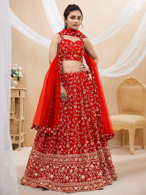 Red Embroidered Georgette Wedding Wear Lehenga Choli ClothsVilla