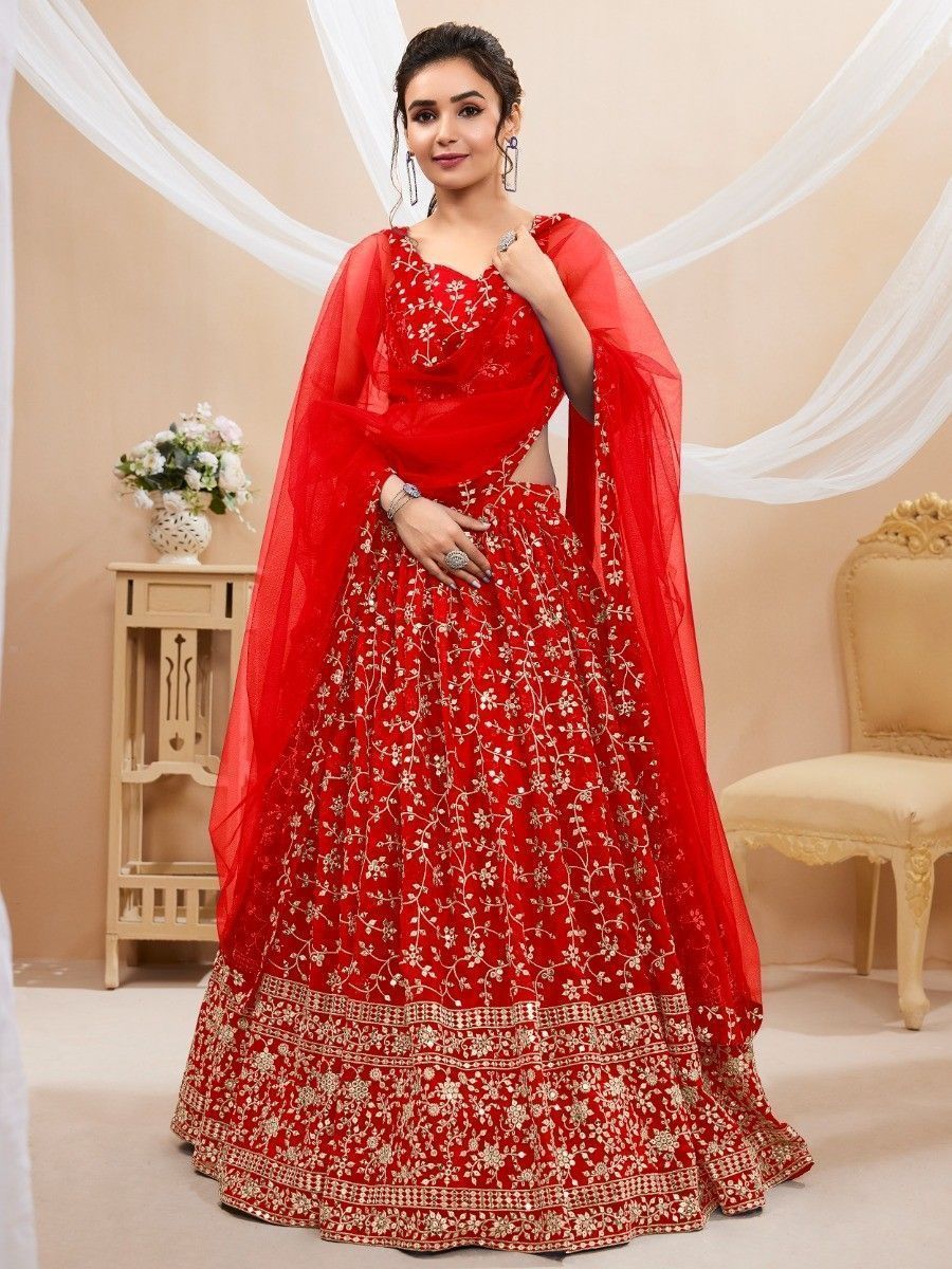 Red Embroidered Georgette Wedding Wear Lehenga Choli ClothsVilla Main image