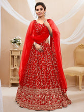 Load image into Gallery viewer, Red Embroidered Georgette Wedding Wear Lehenga Choli ClothsVilla
