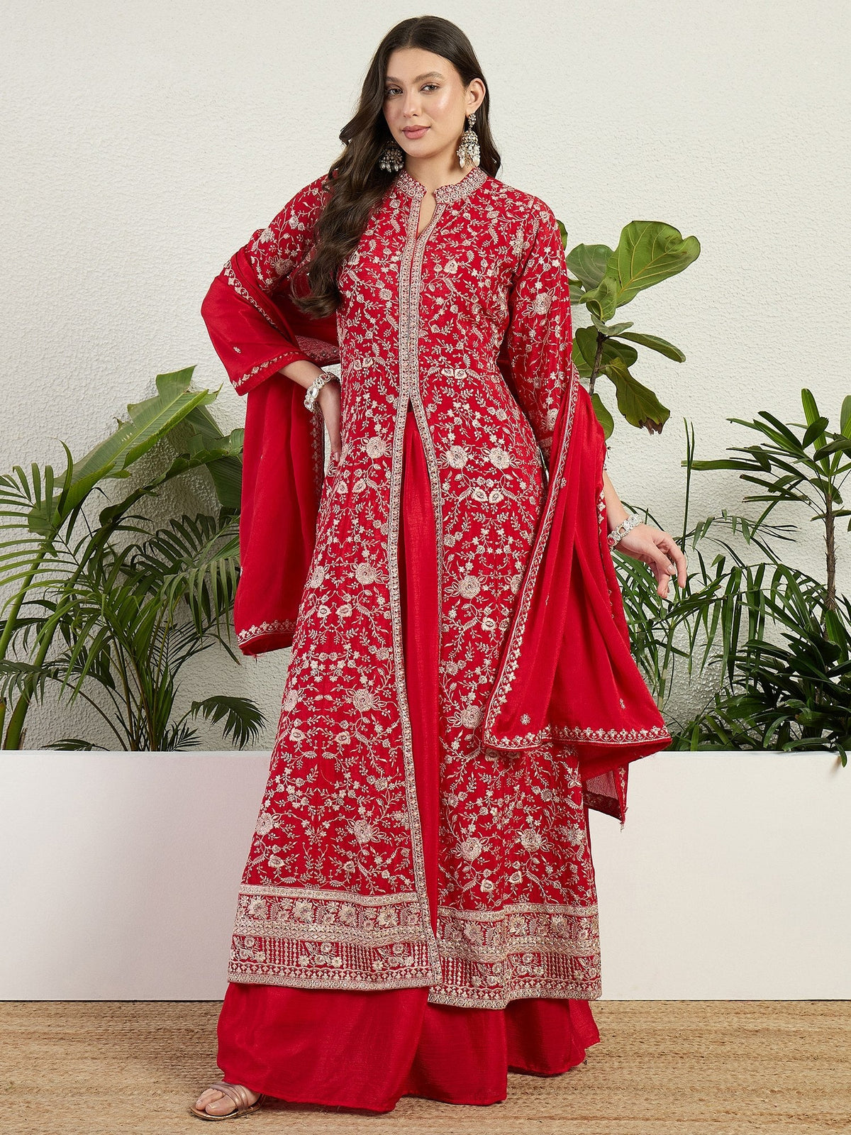 Red Embroidered Gown Set ClothsVilla