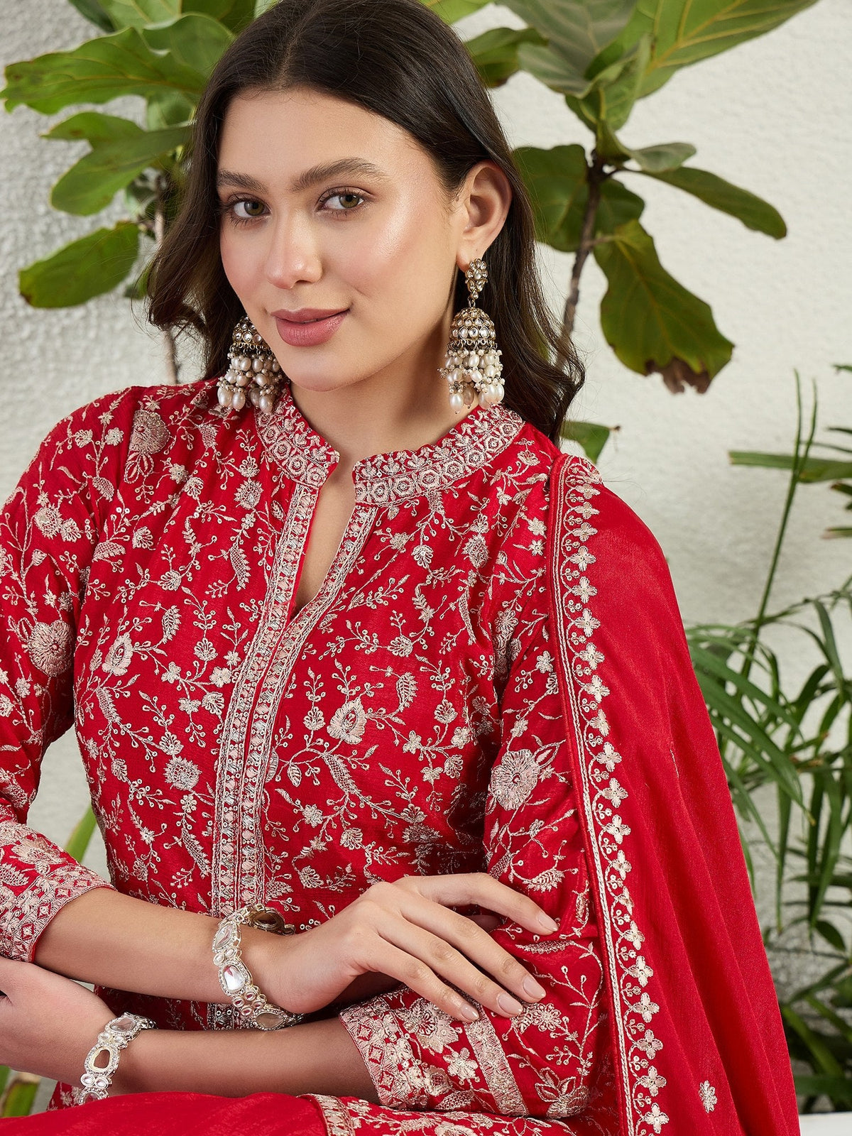 Red Embroidered Gown Set ClothsVilla