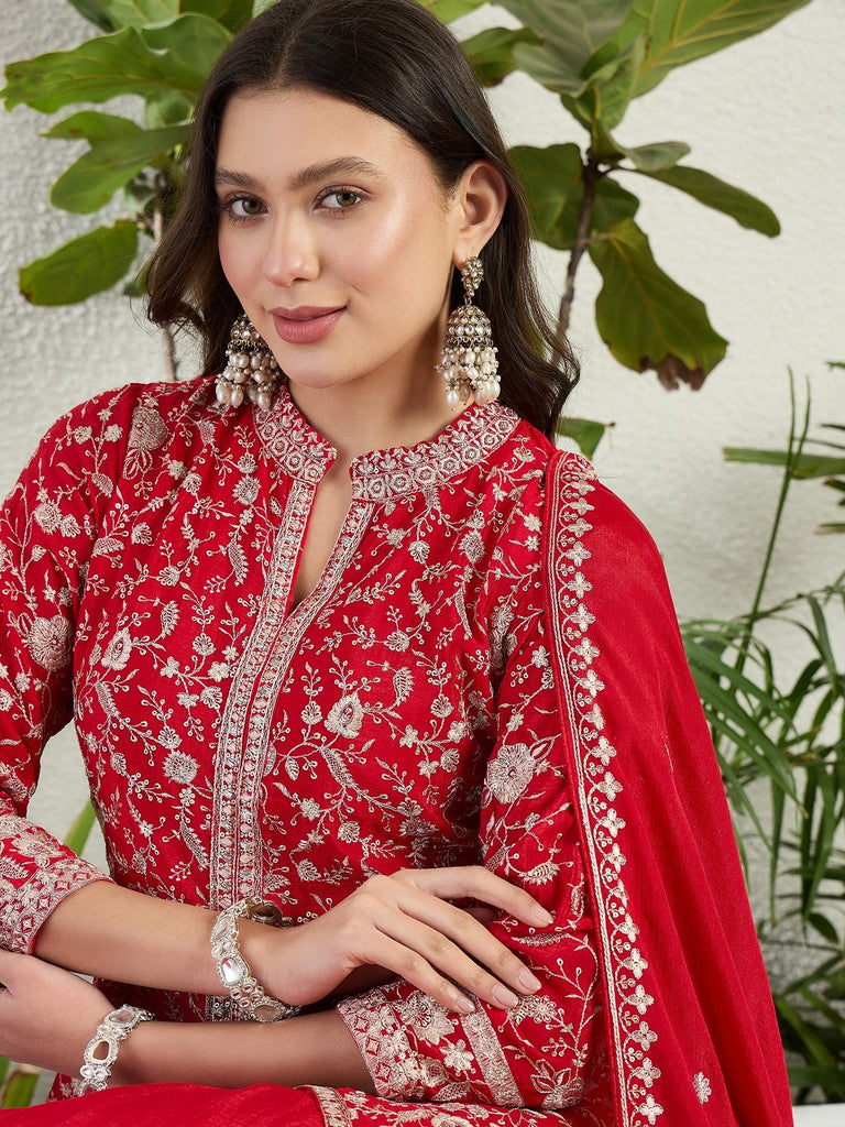 Red Embroidered Gown Set ClothsVilla