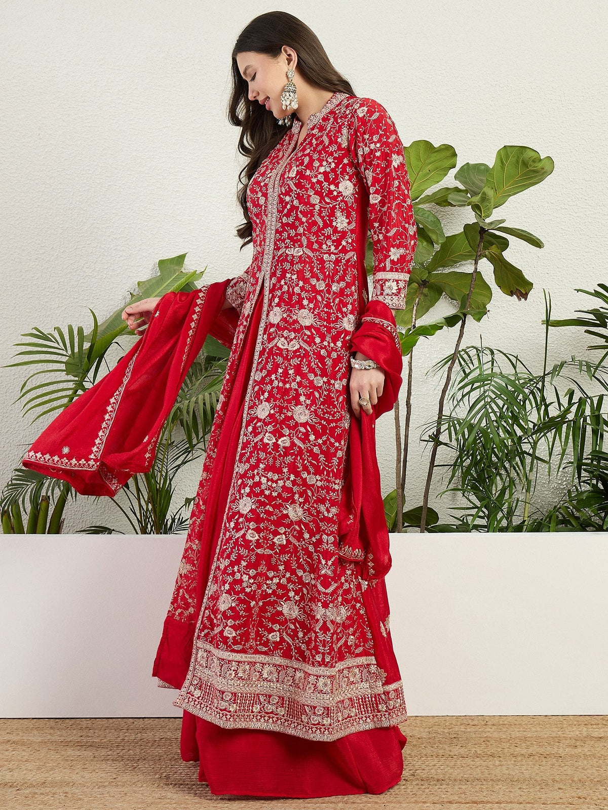 Red Embroidered Gown Set ClothsVilla