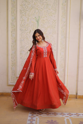 Red Embroidered Gown with Cutwork Dupatta ClothsVilla