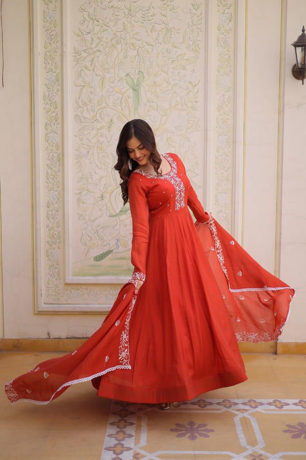 Red Embroidered Gown with Cutwork Dupatta ClothsVilla
