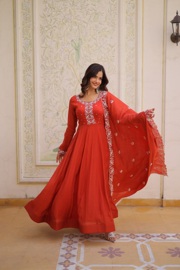 Red Embroidered Gown with Cutwork Dupatta ClothsVilla
