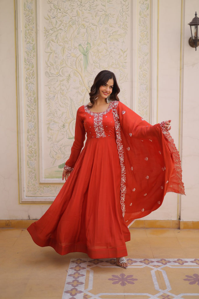 Red Embroidered Gown with Cutwork Dupatta ClothsVilla