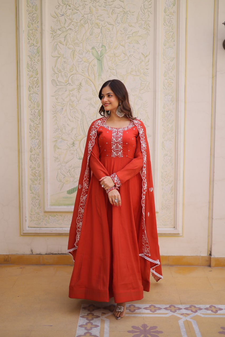 Red Embroidered Gown with Cutwork Dupatta ClothsVilla