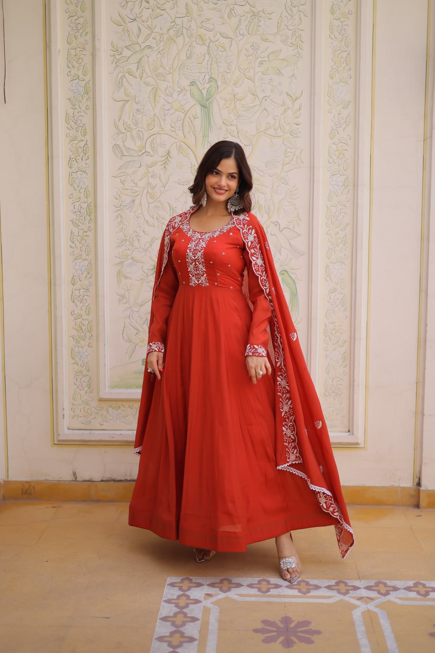 Red Embroidered Gown with Cutwork Dupatta ClothsVilla
