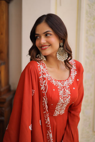 Red Embroidered Gown with Cutwork Dupatta ClothsVilla