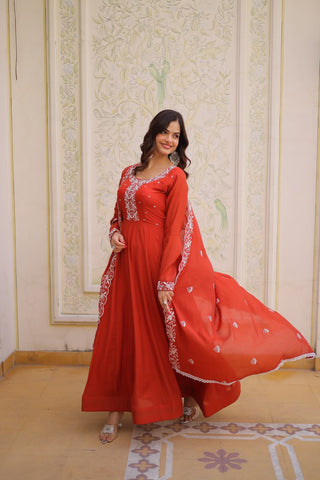 Red Embroidered Gown with Cutwork Dupatta ClothsVilla