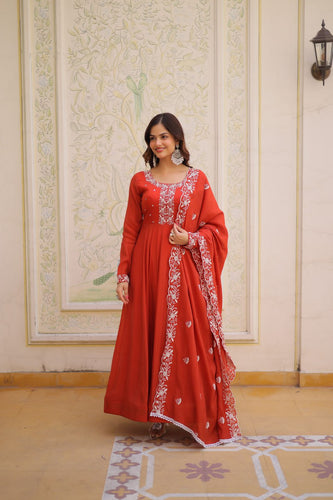 Red Embroidered Gown with Cutwork Dupatta ClothsVilla