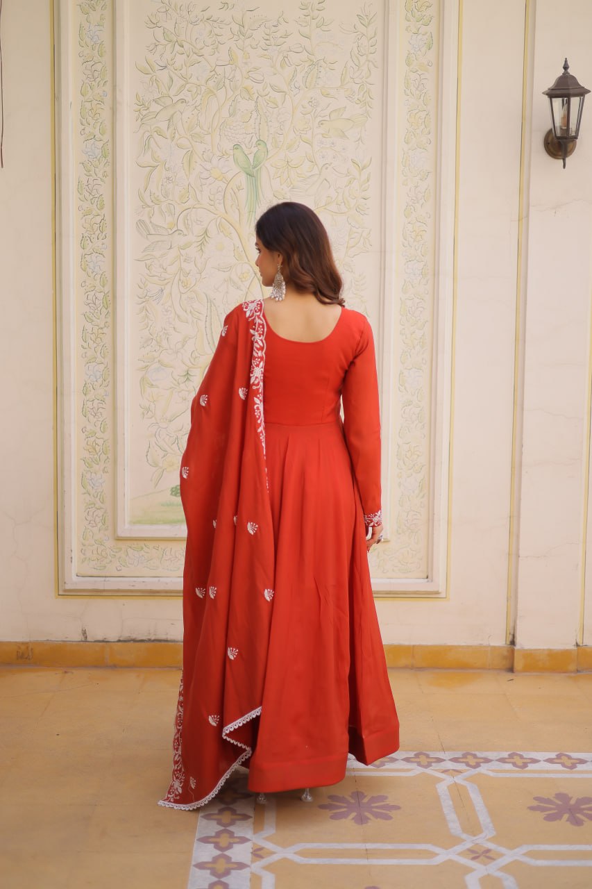 Red Embroidered Gown with Cutwork Dupatta ClothsVilla