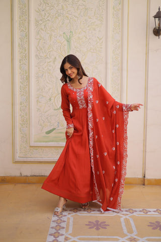 Red Embroidered Gown with Cutwork Dupatta ClothsVilla