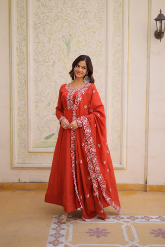 Red Embroidered Gown with Cutwork Dupatta ClothsVilla