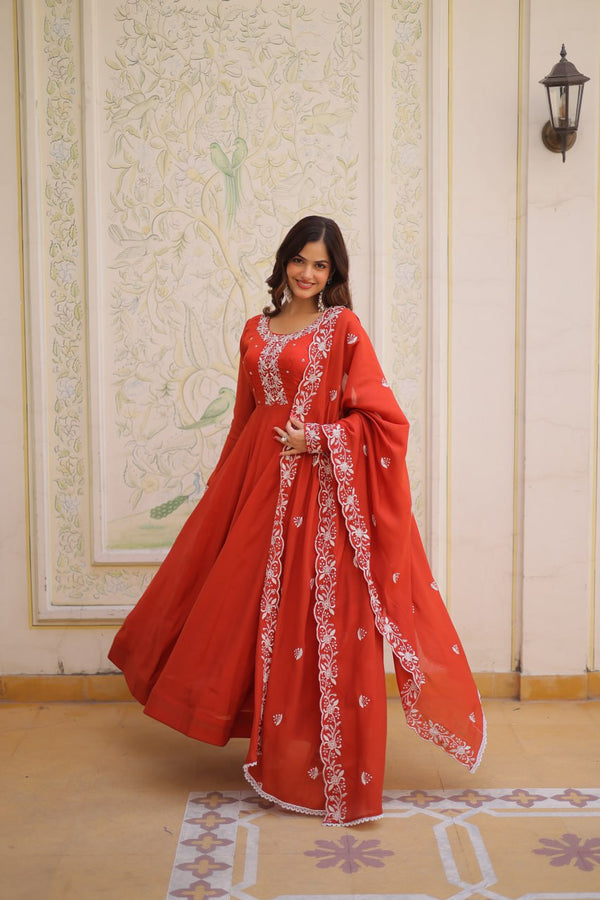 Red Embroidered Gown with Cutwork Dupatta ClothsVilla