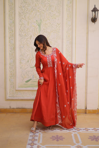 Red Embroidered Gown with Cutwork Dupatta ClothsVilla