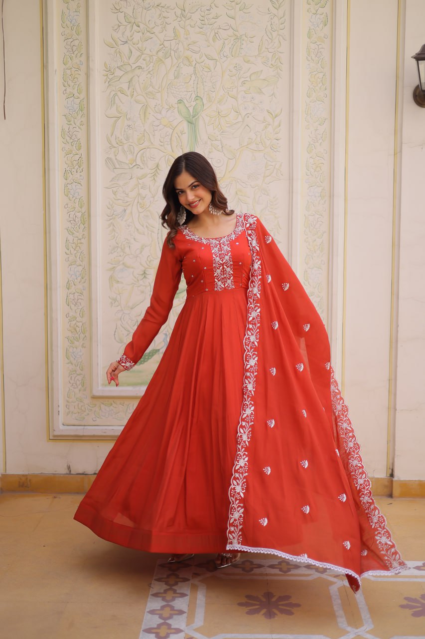 Red Embroidered Gown with Cutwork Dupatta ClothsVilla