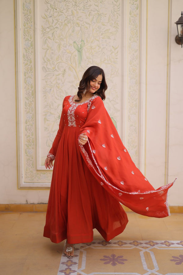 Red Embroidered Gown with Cutwork Dupatta ClothsVilla
