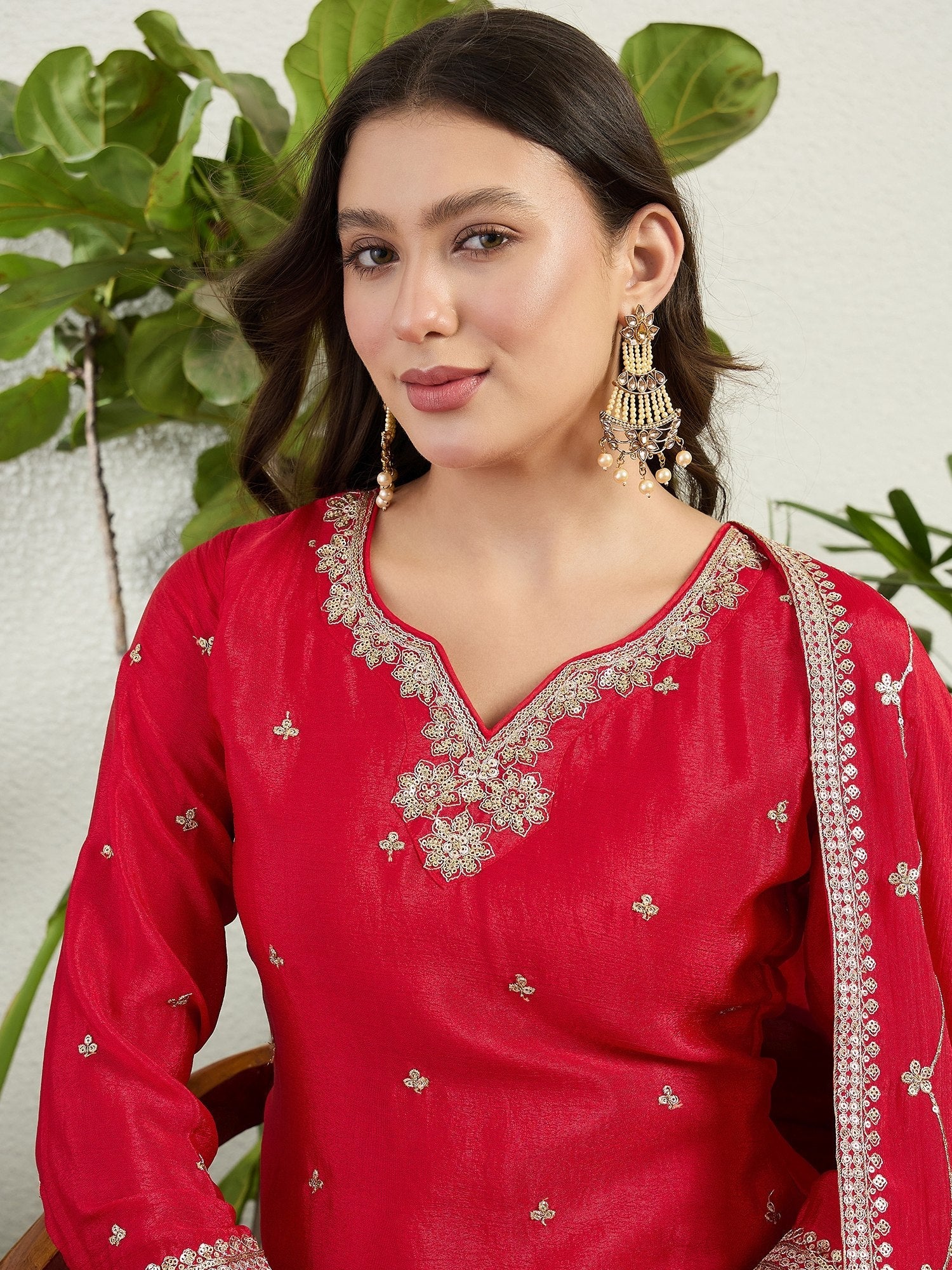 Red Embroidered Kurta Palazzo Set ClothsVilla.com