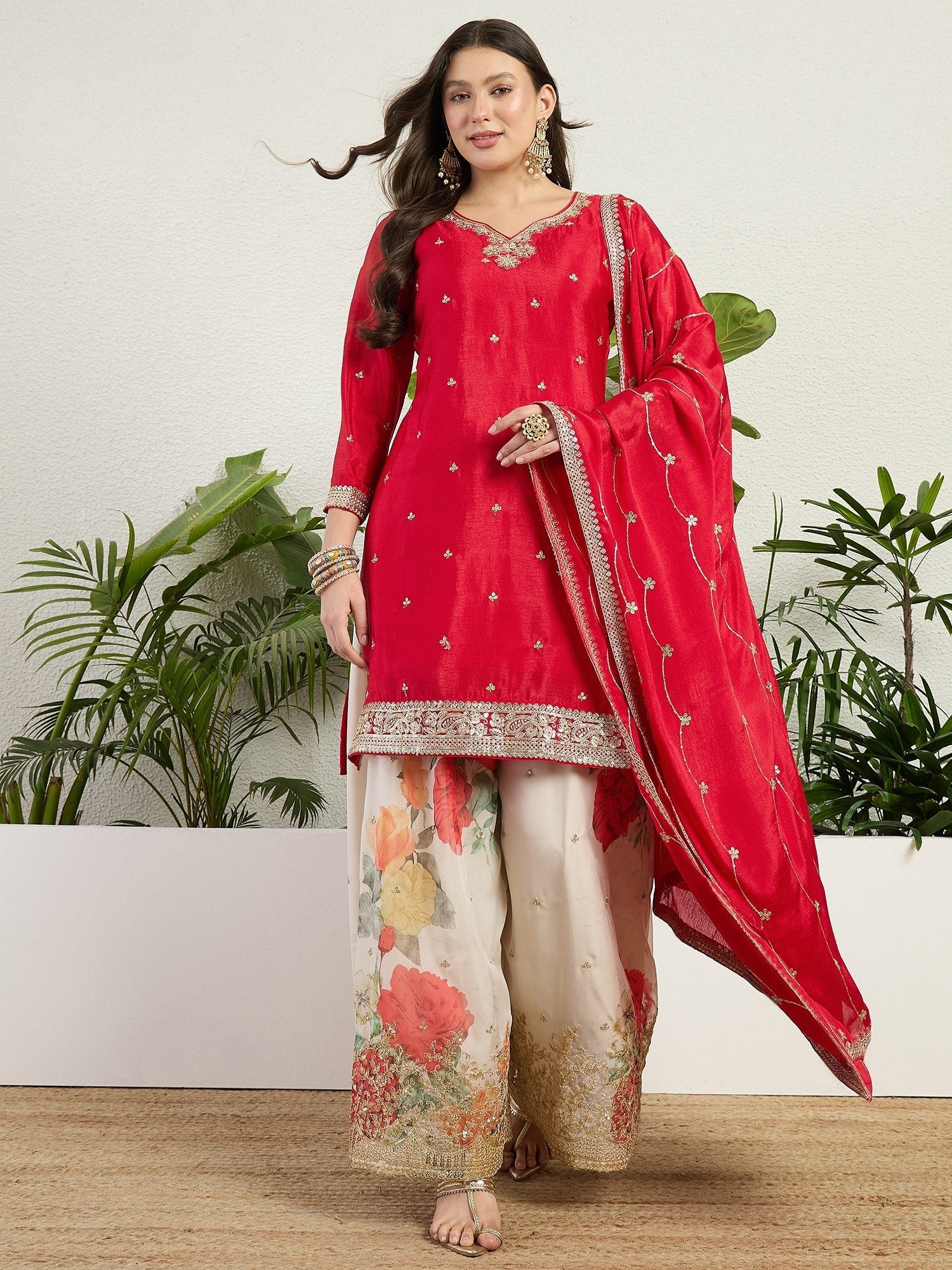Red Embroidered Kurta Palazzo Set ClothsVilla.com