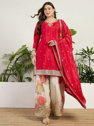 Red Embroidered Kurta Palazzo Set ClothsVilla.com