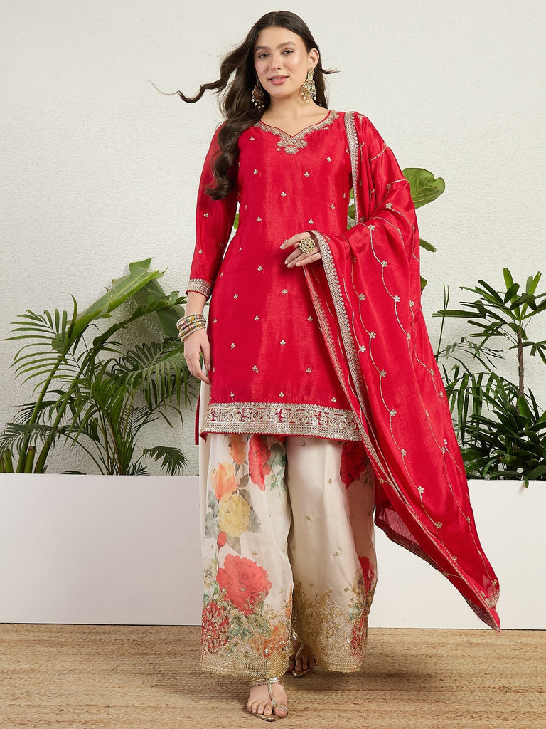 Red Embroidered Kurta Palazzo Set ClothsVilla.com