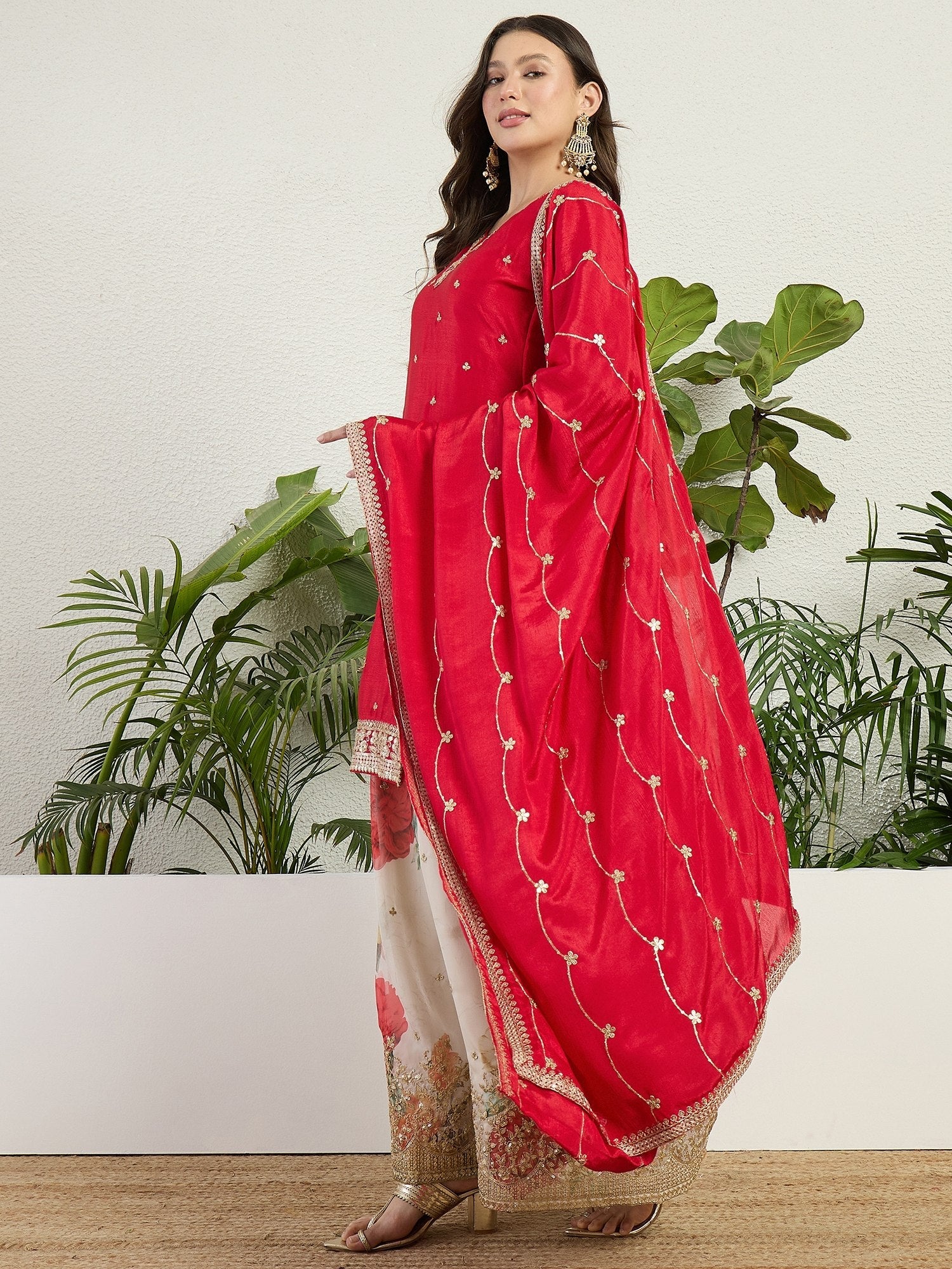 Red Embroidered Kurta Palazzo Set ClothsVilla.com