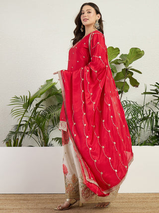 Red Embroidered Kurta Palazzo Set ClothsVilla.com