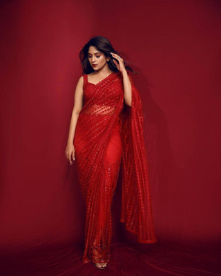 Red Eternal Elegance Sparkling Net Saree with Rainbow Sequins ClothsVilla