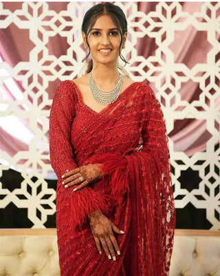 Red Eternal Elegance Sparkling Net Saree with Rainbow Sequins ClothsVilla