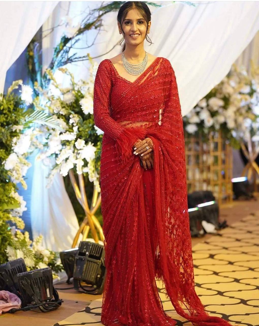 Red Eternal Elegance Sparkling Net Saree with Rainbow Sequins ClothsVilla