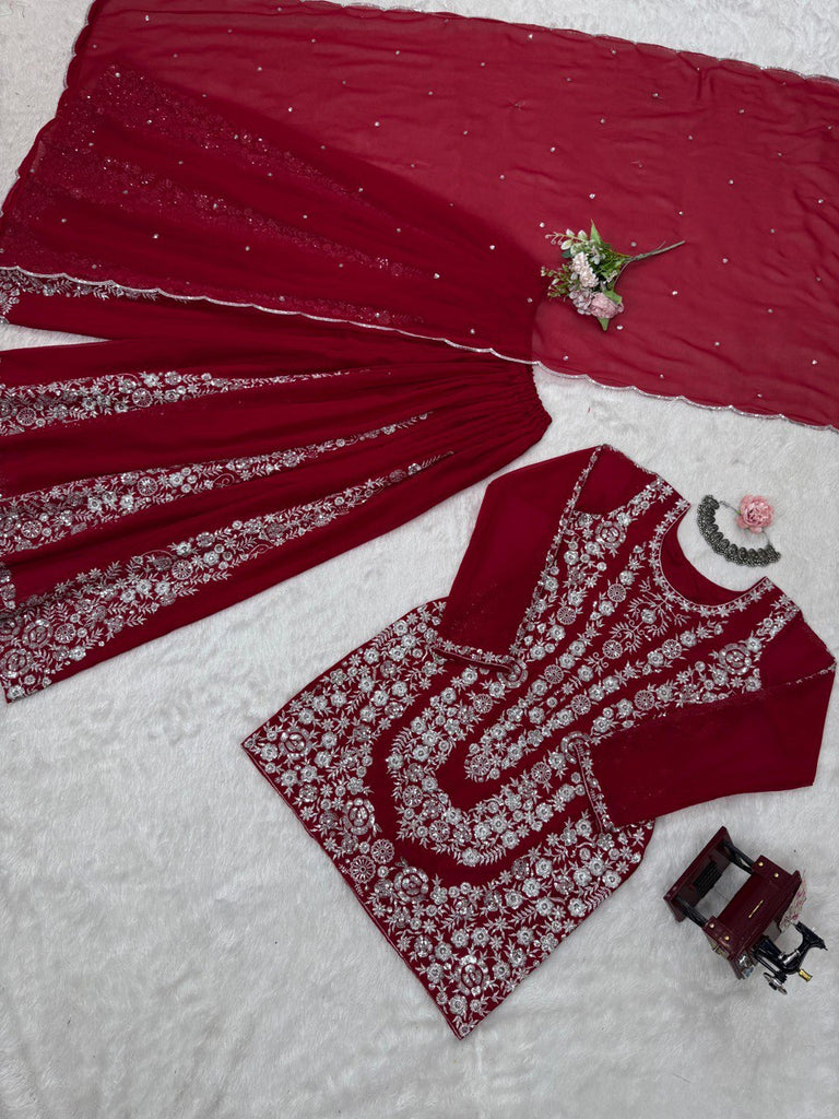Red Ethnic Elegance Faux Georgette Thread & Sequin Embroidered Suit Set ClothsVilla