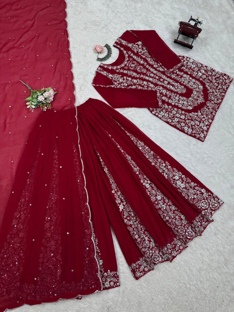 Red Ethnic Elegance Faux Georgette Thread & Sequin Embroidered Suit Set ClothsVilla