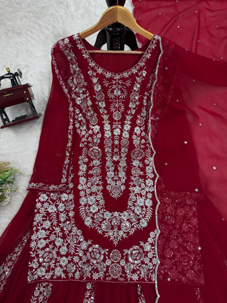Red Ethnic Elegance Faux Georgette Thread & Sequin Embroidered Suit Set ClothsVilla