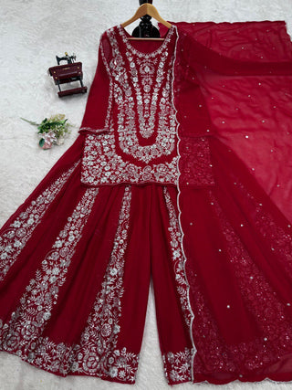 Red Ethnic Elegance Faux Georgette Thread & Sequin Embroidered Suit Set ClothsVilla