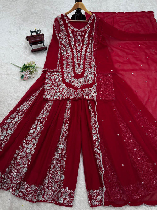 Red Ethnic Elegance Faux Georgette Thread & Sequin Embroidered Suit Set ClothsVilla