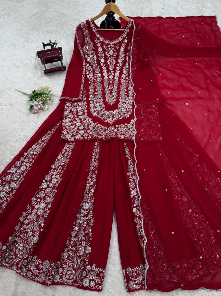 Red Ethnic Elegance Faux Georgette Thread & Sequin Embroidered Suit Set ClothsVilla