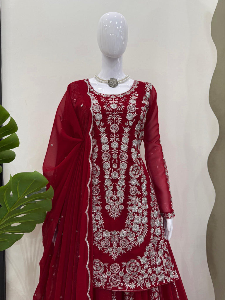 Red Ethnic Elegance Faux Georgette Thread & Sequin Embroidered Suit Set ClothsVilla