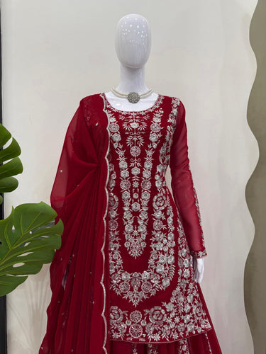 Red Ethnic Elegance Faux Georgette Thread & Sequin Embroidered Suit Set ClothsVilla