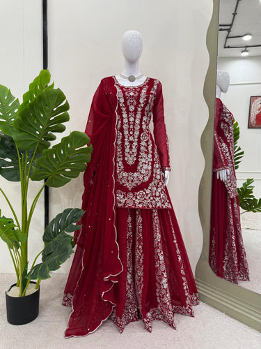 Red Ethnic Elegance Faux Georgette Thread & Sequin Embroidered Suit Set ClothsVilla