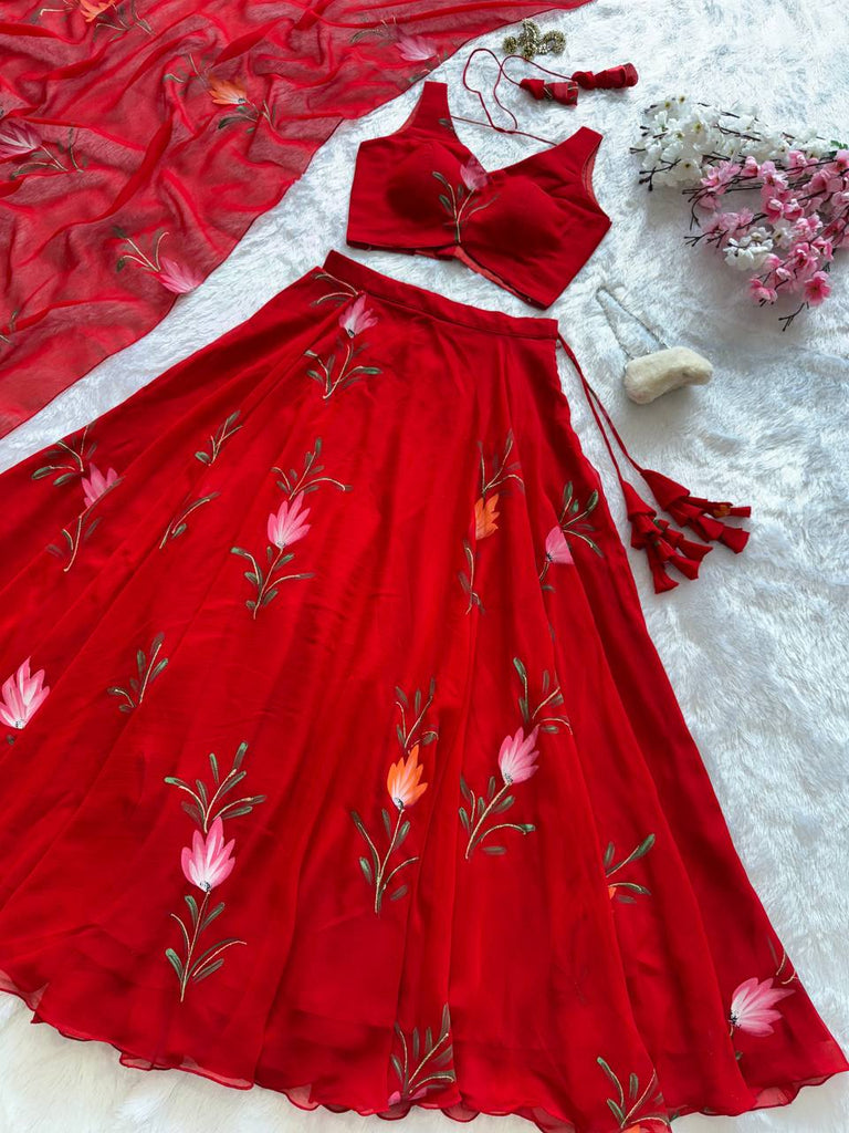 Red Exclusive Handpaint Georgette Lehenga Set with Designer Blouse & Dupatta ClothsVilla