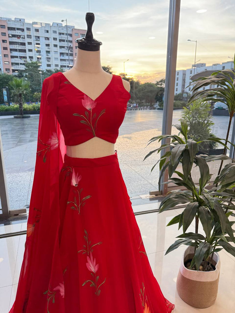 Red Exclusive Handpaint Georgette Lehenga Set with Designer Blouse & Dupatta ClothsVilla