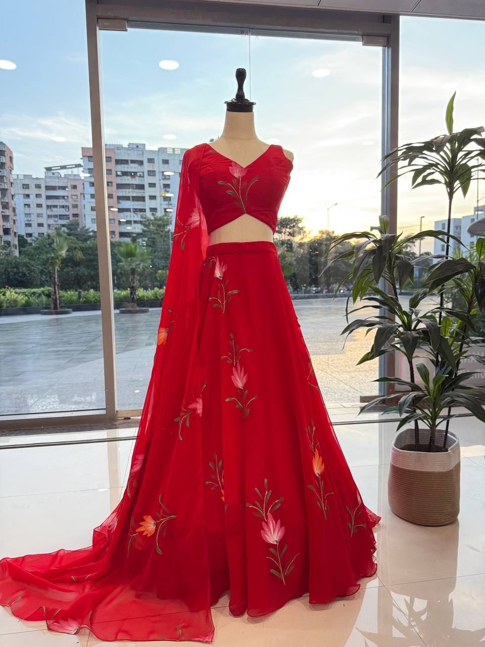Red Exclusive Handpaint Georgette Lehenga Set with Designer Blouse & Dupatta ClothsVilla
