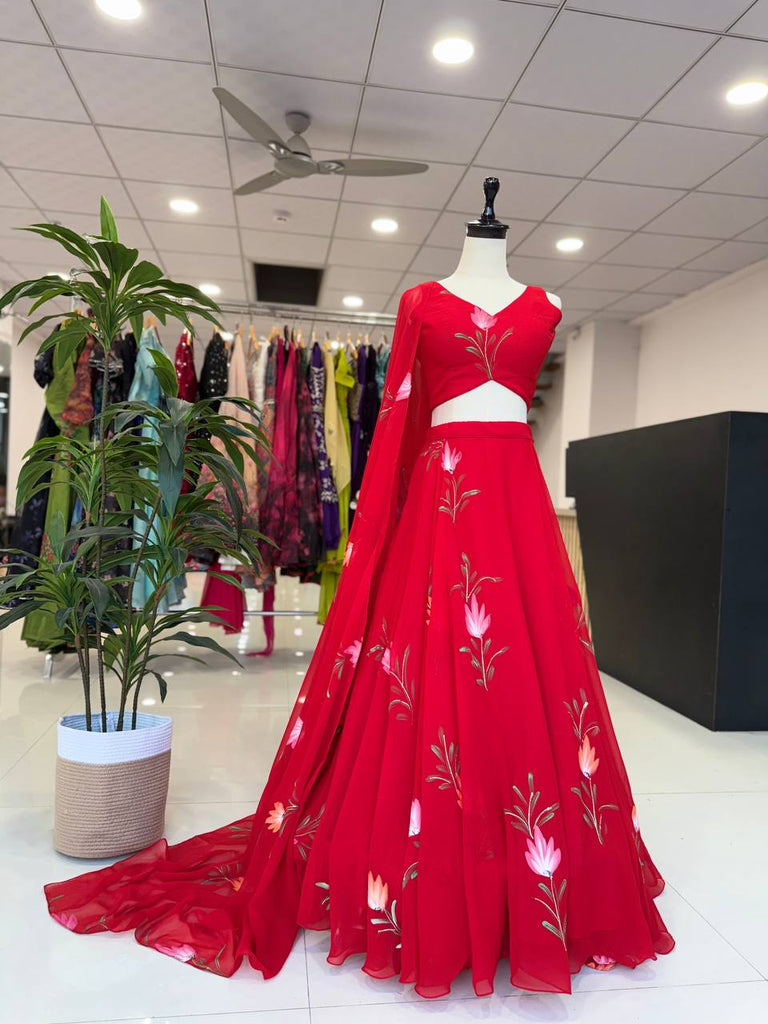 Red Exclusive Handpaint Georgette Lehenga Set with Designer Blouse & Dupatta ClothsVilla