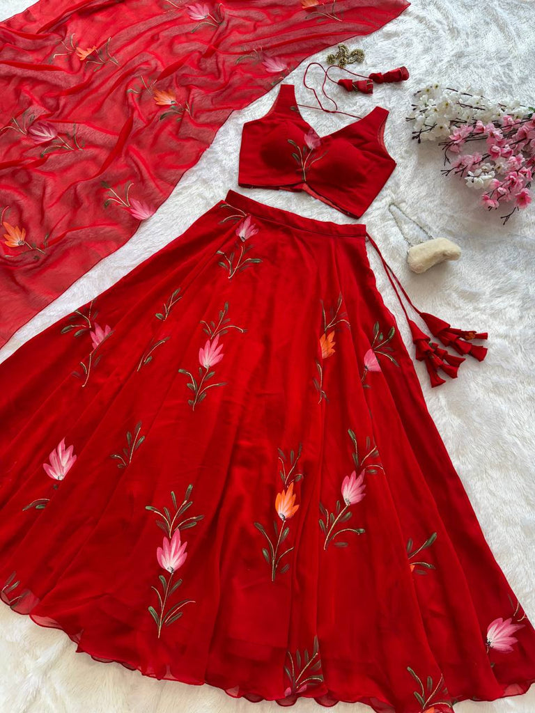 Red Exclusive Handpaint Georgette Lehenga Set with Designer Blouse & Dupatta ClothsVilla